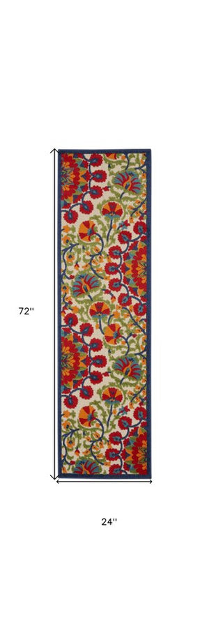 8' Red And Ivory Floral Indoor Outdoor Area Rug