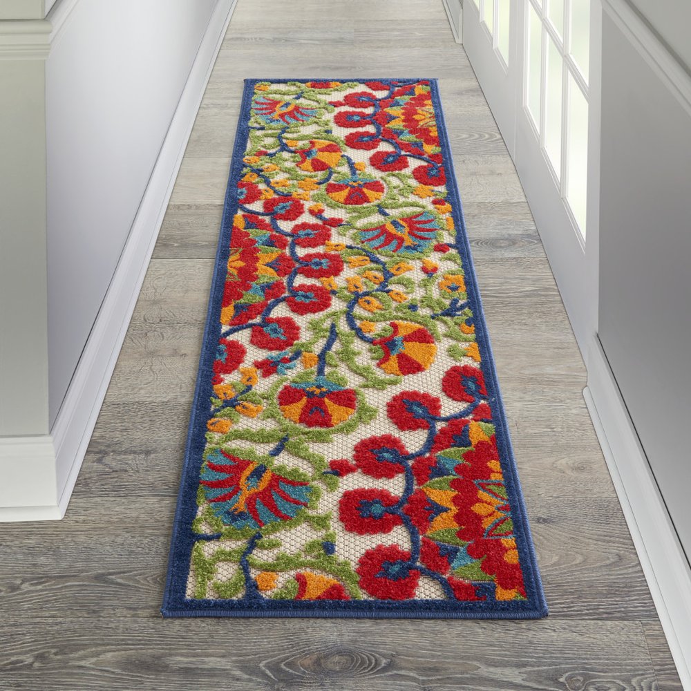 8' Red And Ivory Floral Indoor Outdoor Area Rug