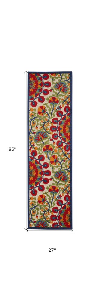 8' Red And Ivory Floral Indoor Outdoor Area Rug