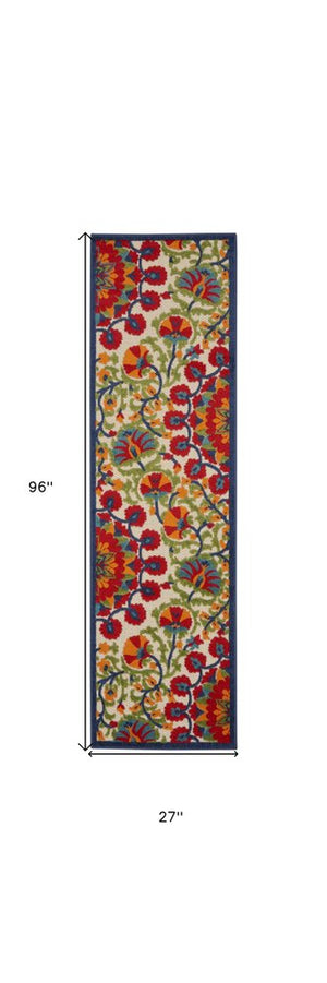 8' Red And Ivory Floral Indoor Outdoor Area Rug