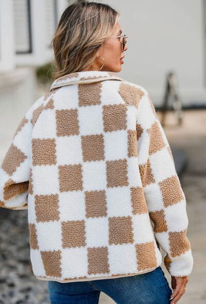 Elegant Checkered Snap Down Long Sleeve Teddy Jacket Soft & Warm Colorful Jacket