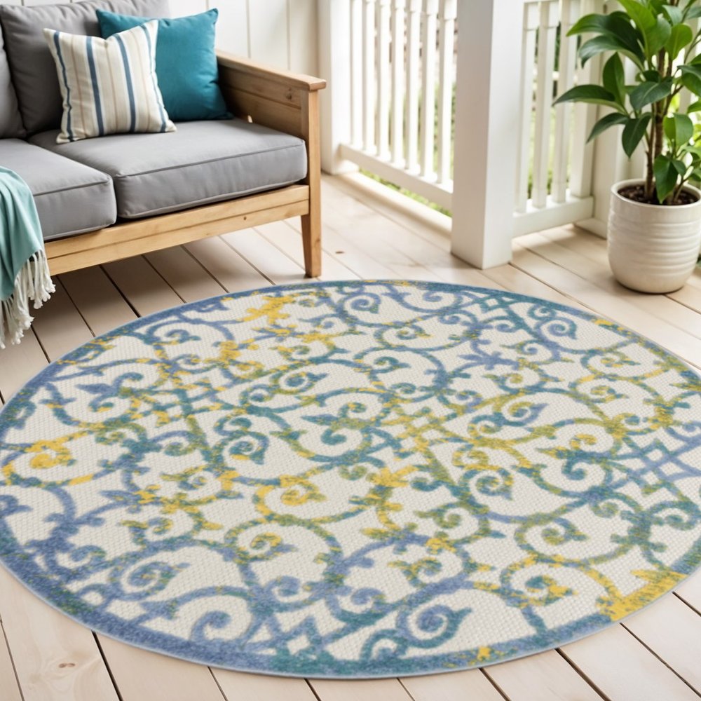 5' X 8' Ivory And Blue Indoor Outdoor Area Rug