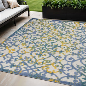 8' X 11' Ivory And Blue Indoor Outdoor Area Rug