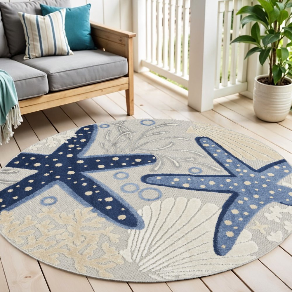 4' Blue And Gray Round Indoor Outdoor Area Rug