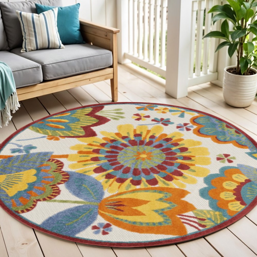 8' Yellow And Ivory Round Indoor Outdoor Area Rug