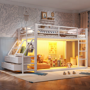 Twin over Twin Bunk Bed with Storage Shelves and Drawers, Metal Bunk Bed with LED Lights for Teens, No Box Spring Needed, White