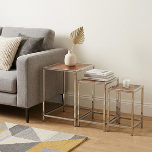 Set of Three 21" Silver And Brown Solid Wood Nested Tables