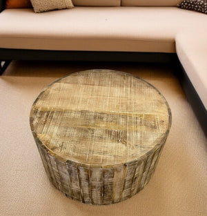 32" Brown Solid Wood Round Distressed Drum Coffee Table