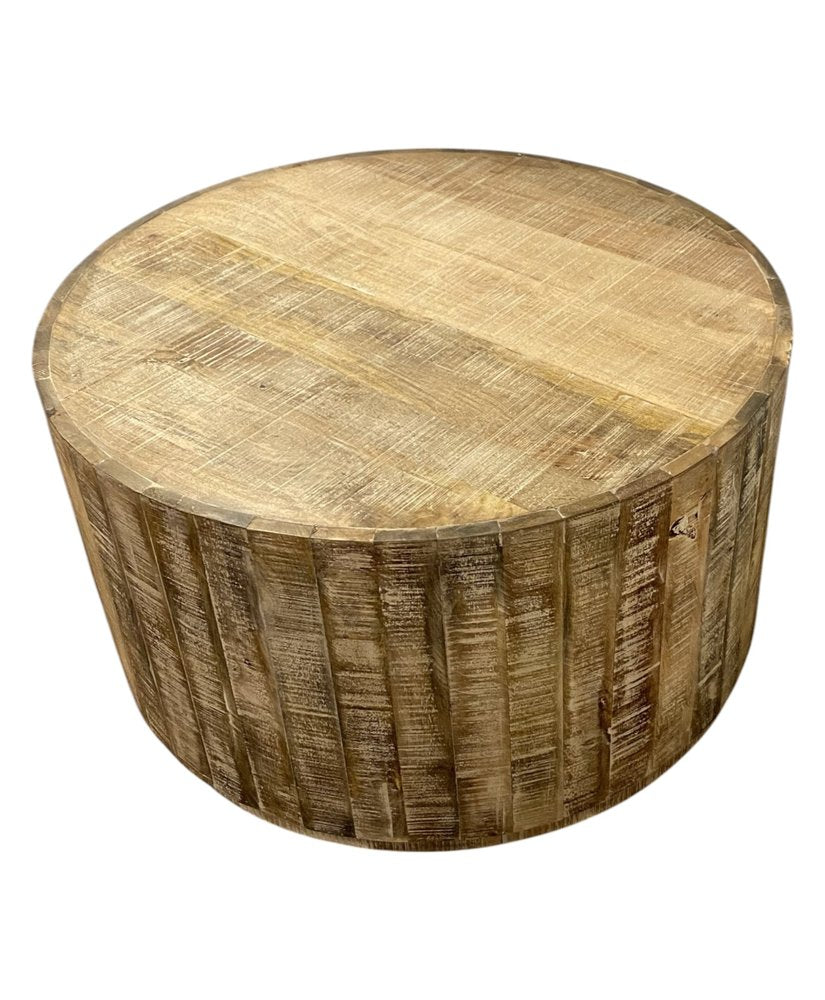 32" Brown Solid Wood Round Distressed Drum Coffee Table