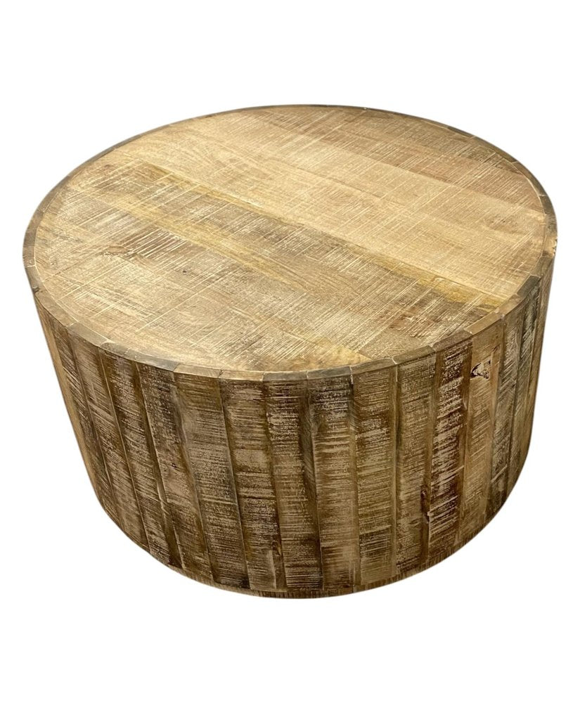 32" Brown Solid Wood Round Distressed Drum Coffee Table