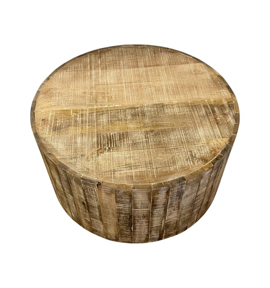 32" Brown Solid Wood Round Distressed Drum Coffee Table