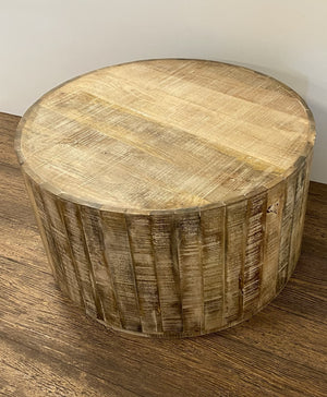 32" Brown Solid Wood Round Distressed Drum Coffee Table