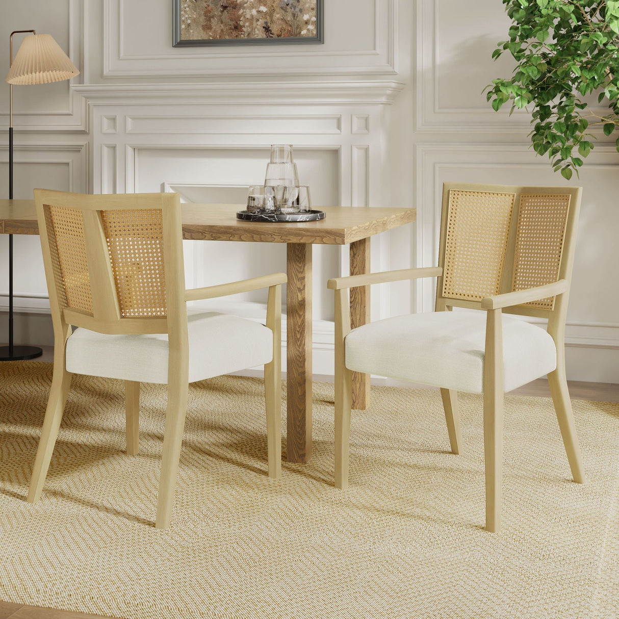 Mid Century Modern Arm Dining Chairs With Rattan Backrest