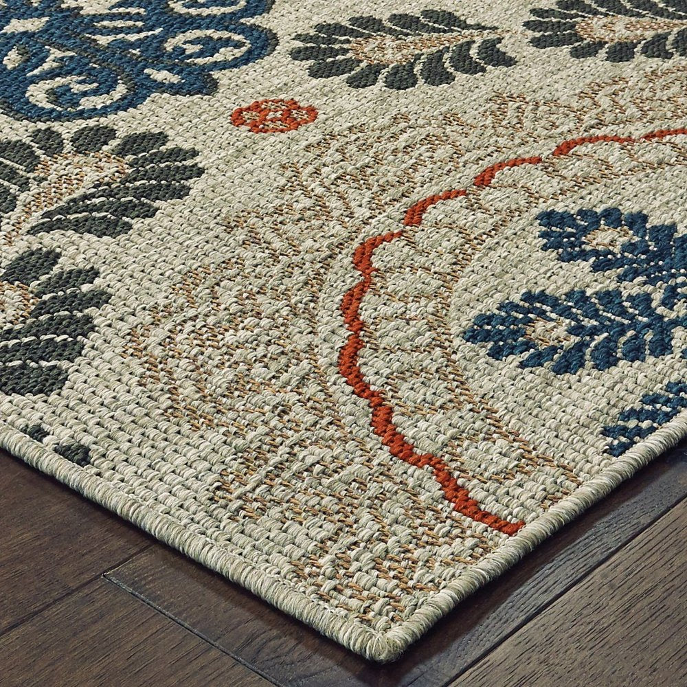 3' X 5' Blue And Gray Damask Indoor Outdoor Area Rug