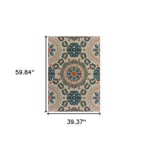 3' X 5' Blue And Gray Damask Indoor Outdoor Area Rug