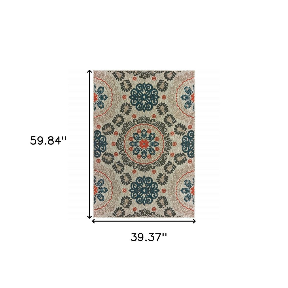 3' X 5' Blue And Gray Damask Indoor Outdoor Area Rug