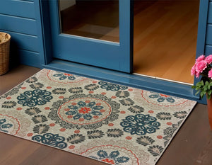 3' X 5' Blue And Gray Damask Indoor Outdoor Area Rug