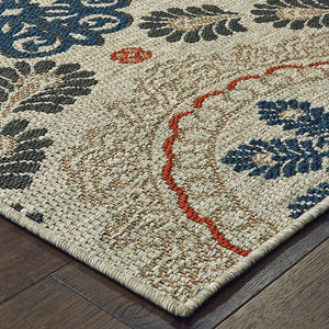 3' X 5' Blue And Gray Damask Indoor Outdoor Area Rug
