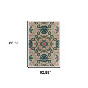 3' X 5' Blue And Gray Damask Indoor Outdoor Area Rug
