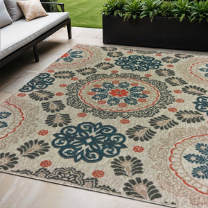 3' X 5' Blue And Gray Damask Indoor Outdoor Area Rug