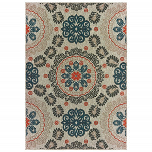 3' X 5' Blue And Gray Damask Indoor Outdoor Area Rug
