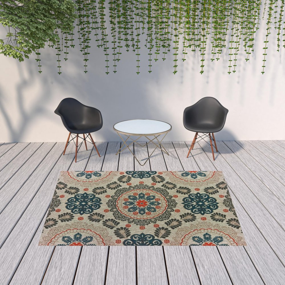 3' X 5' Blue And Gray Damask Indoor Outdoor Area Rug
