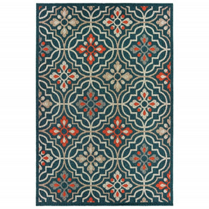 5' X 7' Blue and Orange Moroccan Indoor Outdoor Area Rug