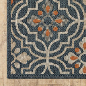 5' X 7' Blue And Orange Moroccan Indoor Outdoor Area Rug