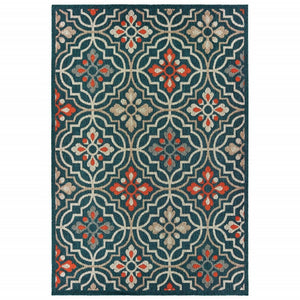 5' X 7' Blue And Orange Moroccan Indoor Outdoor Area Rug