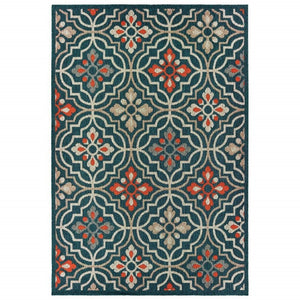 5' X 7' Blue And Orange Moroccan Indoor Outdoor Area Rug