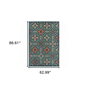 5' X 7' Blue And Orange Moroccan Indoor Outdoor Area Rug