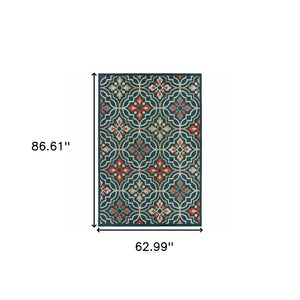 5' X 7' Blue And Orange Moroccan Indoor Outdoor Area Rug