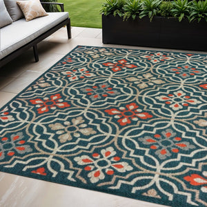 10' X 13' Blue and Orange Moroccan Indoor Outdoor Area Rug