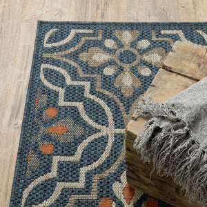 5' X 7' Blue And Orange Moroccan Indoor Outdoor Area Rug