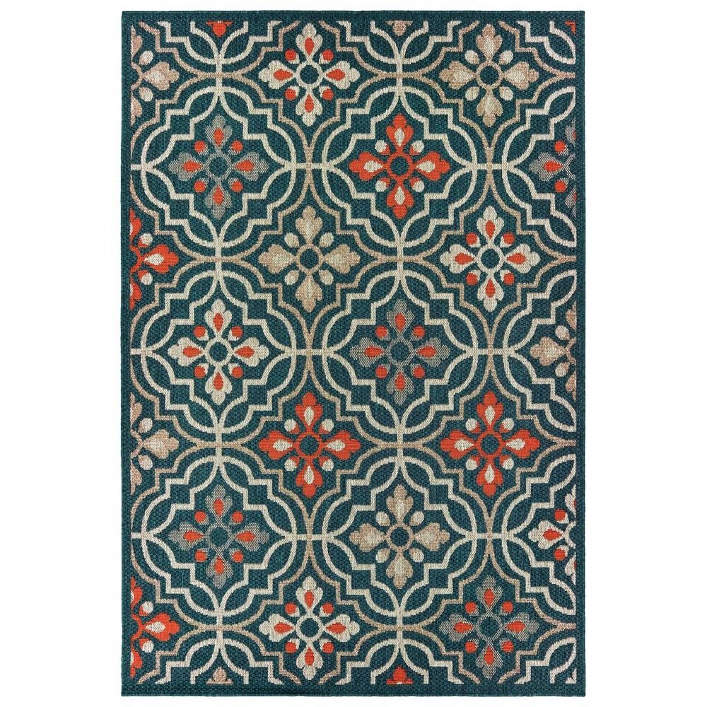 5' X 7' Blue And Orange Moroccan Indoor Outdoor Area Rug