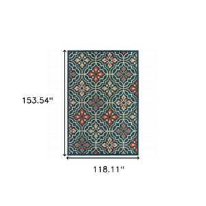 5' X 7' Blue and Orange Moroccan Indoor Outdoor Area Rug