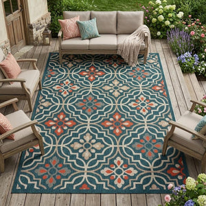 5' X 7' Blue And Orange Moroccan Indoor Outdoor Area Rug