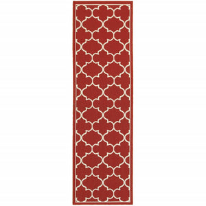 8' Red And Ivory Indoor Outdoor Runner Rug