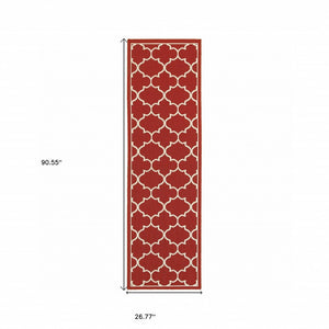8' Red And Ivory Indoor Outdoor Runner Rug