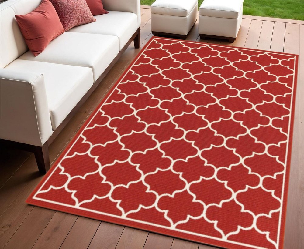 2' X 3' Red And Ivory Indoor Outdoor Area Rug