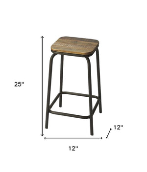 25" Brown and Black Solid Wood and Iron Backless Counter Height Bar Chair