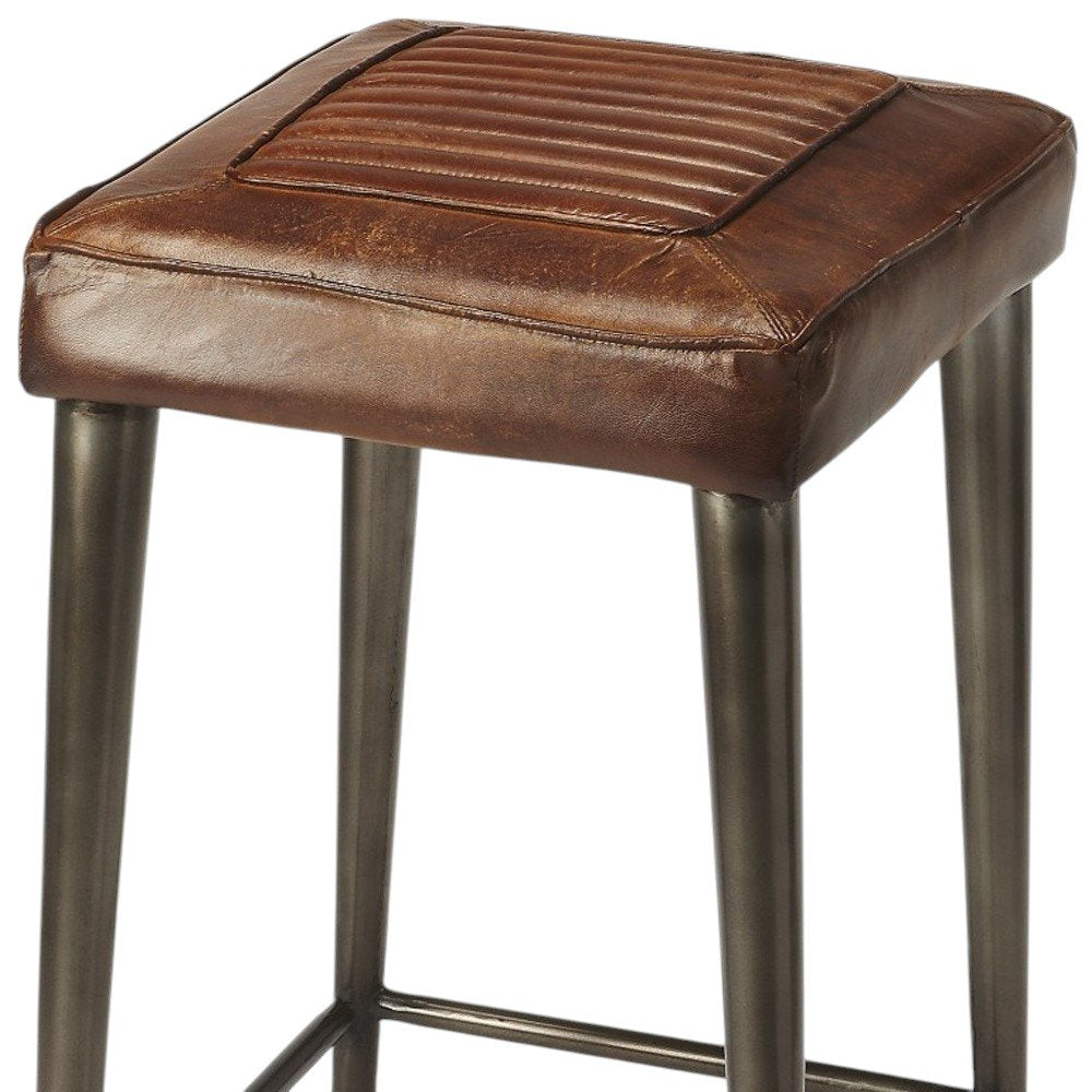 32" Brown and Gray Manufactured Wood and Iron Backless Counter Height Bar Chair