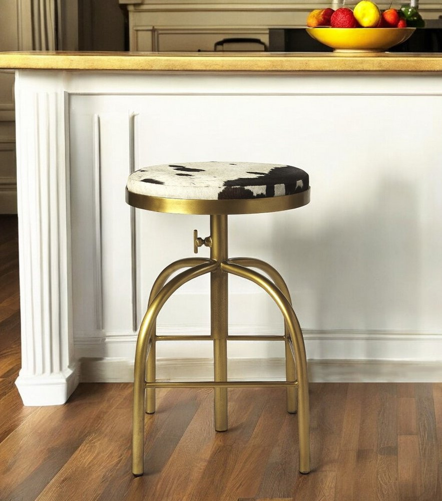 Black Off White and Gold Iron Backless Adjustable Height Swivel Bar Chair