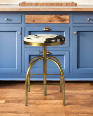 Black Off White and Gold Iron Backless Adjustable Height Swivel Bar Chair