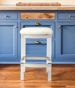 24" White and Clear Stainless Steel and Acrylic Backless Counter Height Bar Chair