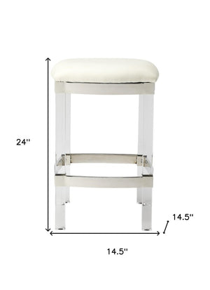 24" White and Clear Stainless Steel and Acrylic Backless Counter Height Bar Chair