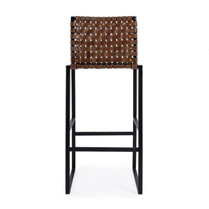 28" Brown and Black Leather and Iron Bar Chair