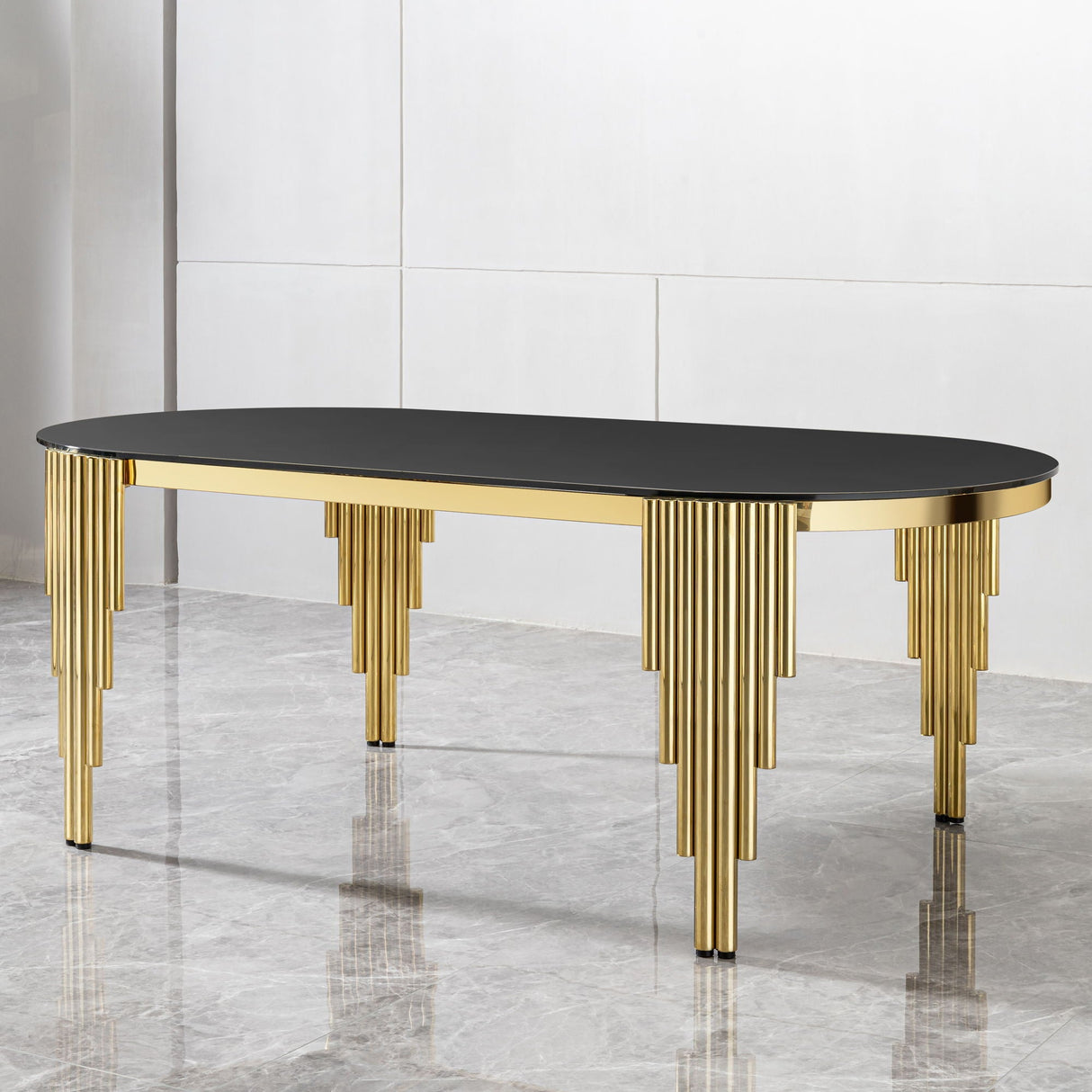 Glass Top Oval Dining Table With Gold Stainless Steel Base For 8 Seats - Gold / Black by Couch.com