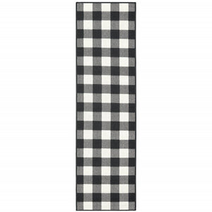 8' Black And Ivory Indoor Outdoor Runner Rug