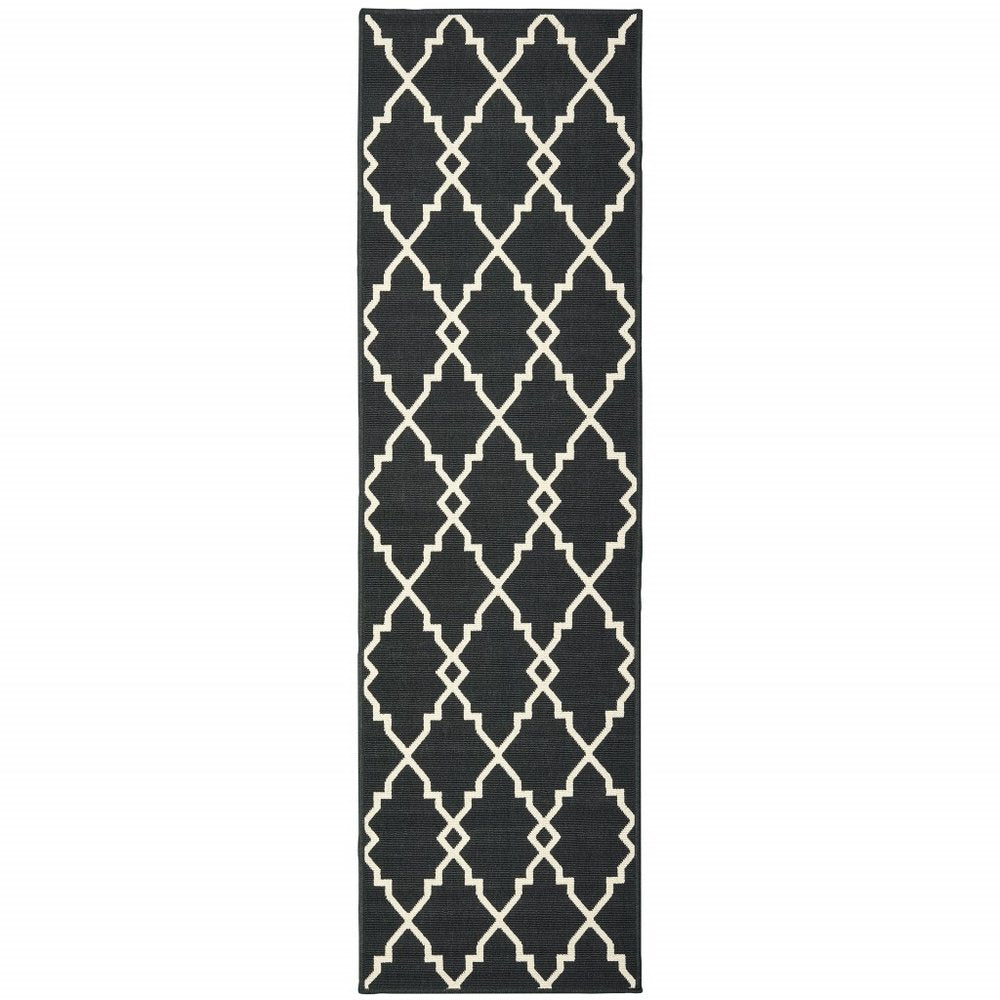 8' Black And Ivory Indoor Outdoor Runner Rug